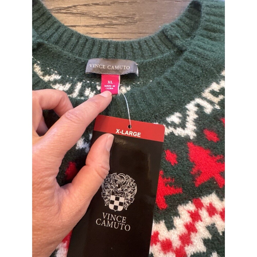 Vince Camuto Women XL Holiday Christmas Sweater Green Fair Isle Reindeer NWT - Picture 3 of 10